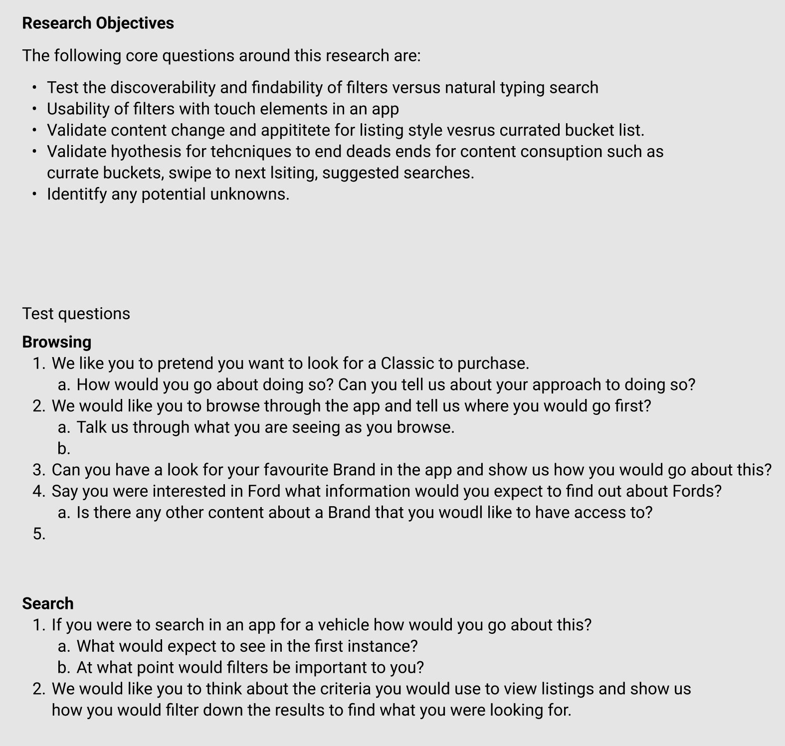 Research questions used to structure Car & Classic user testing
